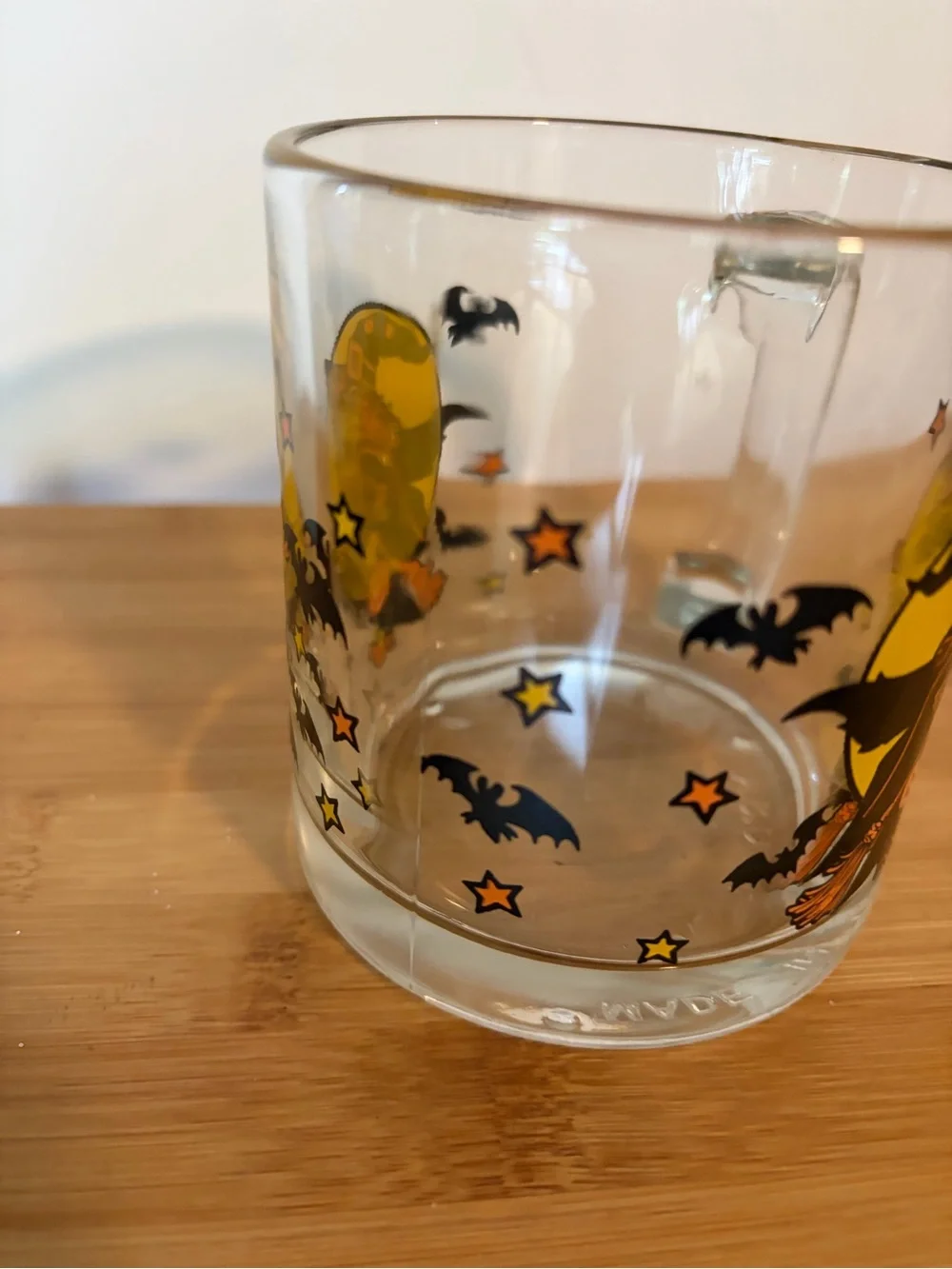 Vintage Halloween Witch Glass Mug Clear w Orange & Black. Made in USA. MCM